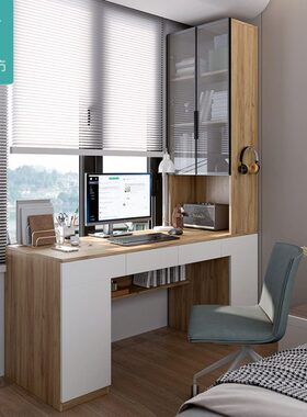 家用y学习桌一体靠实木书桌办公z桌转角多功能墙书柜现代简约定制