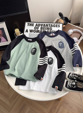 秋季秋款插肩袖打底男童女童儿童时尚印超能猴ape休闲印花圆领