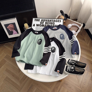 秋季秋款插肩袖打底男童女童儿童时尚印超能猴ape休闲印花圆领