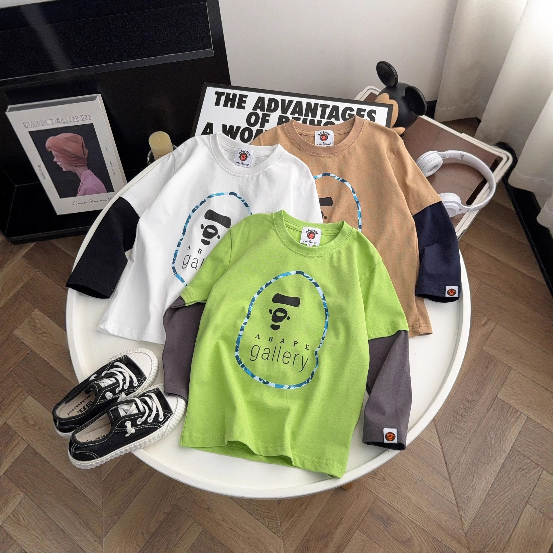 2025年秋季假两件卡通印花休闲糖果色打底男童女童儿童超能猴ape