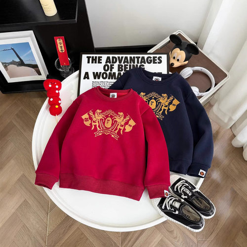 26年新款亲子款卫衣圆领休闲新年印花猿人小马加绒保暖儿童成人款