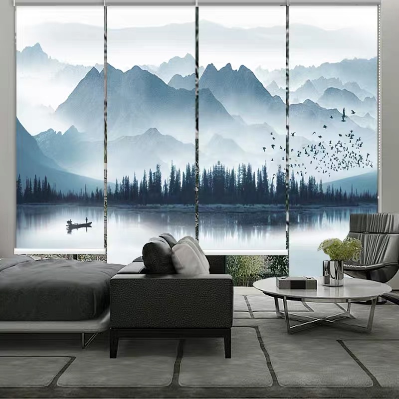 办公室卷帘中式窗帘升降免打孔禅意屏风帘子隔断悬挂式遮挡山水画