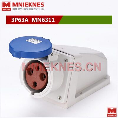 3孔63A工业插座 明装插座 IP44 防水插头插座 6311单相三线2P+E
