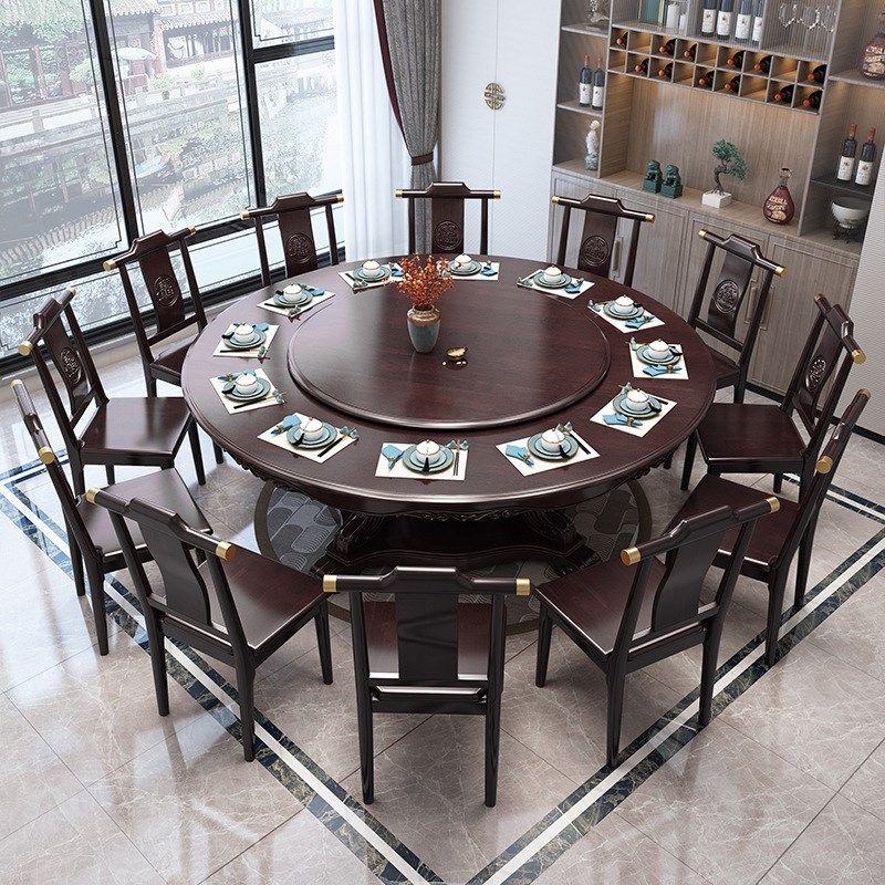 新中式实木餐桌椅组合大圆酒店家用圆桌雕花吃饭桌子8/10人带转盘