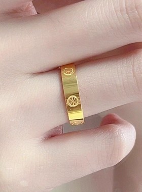 适用沙金黄金色米字戒指纹钻米字戒指送爱人带钢印不掉色情侣款男