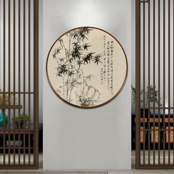网红国画水墨画竹子圆形装饰画中式客厅书房玄关郑板桥竹石兰蕙图