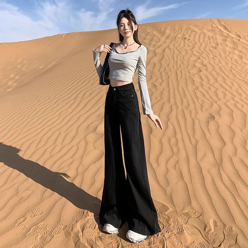 黑色大阔腿牛仔裤女春秋大码高腰宽松不贴腿喇叭拖地马蹄裤子秋冬