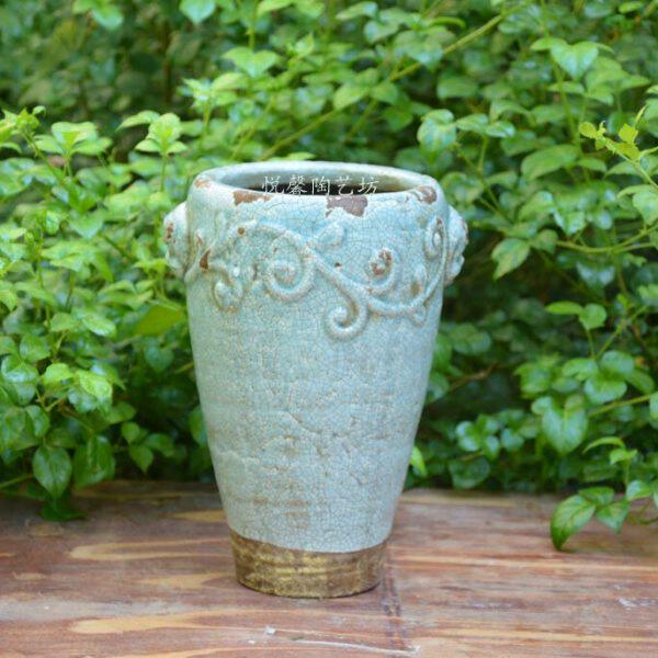 欧式风格陶艺花瓶 花器 粗陶挂釉 冰裂纹 陶器 灰兰色复古陶盆