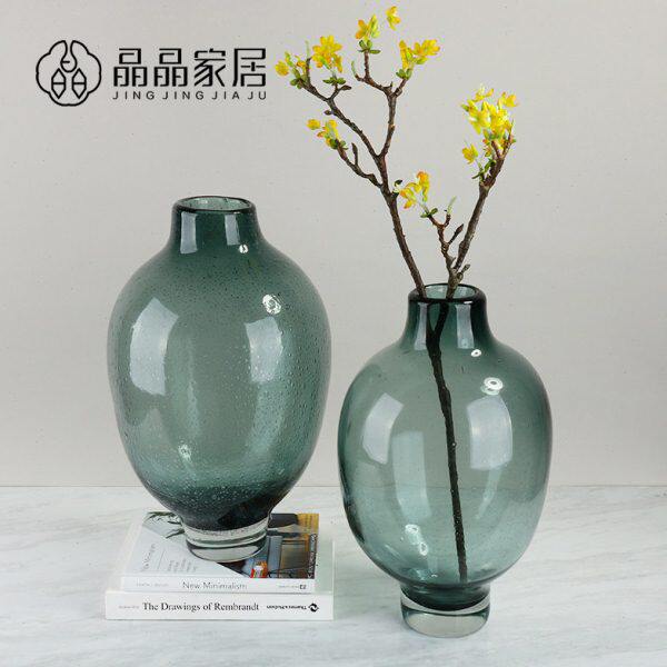 现代简约大肚子小口径透明灰色玻璃插花瓶别墅样板房软装饰品摆件