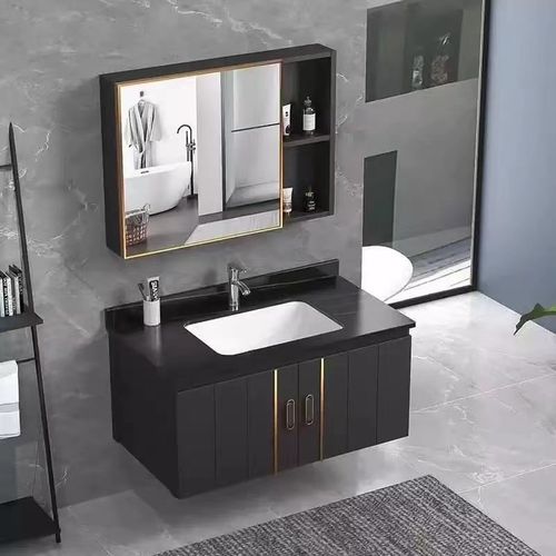 黑色岩板80cm浴室柜一体陶瓷洗脸盆柜组合卫生间洗漱台面智能镜柜