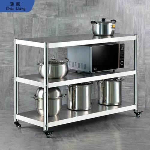 不锈钢厨房置物架带轮子三层可移动微波炉烤箱多3层滑轮架子包邮
