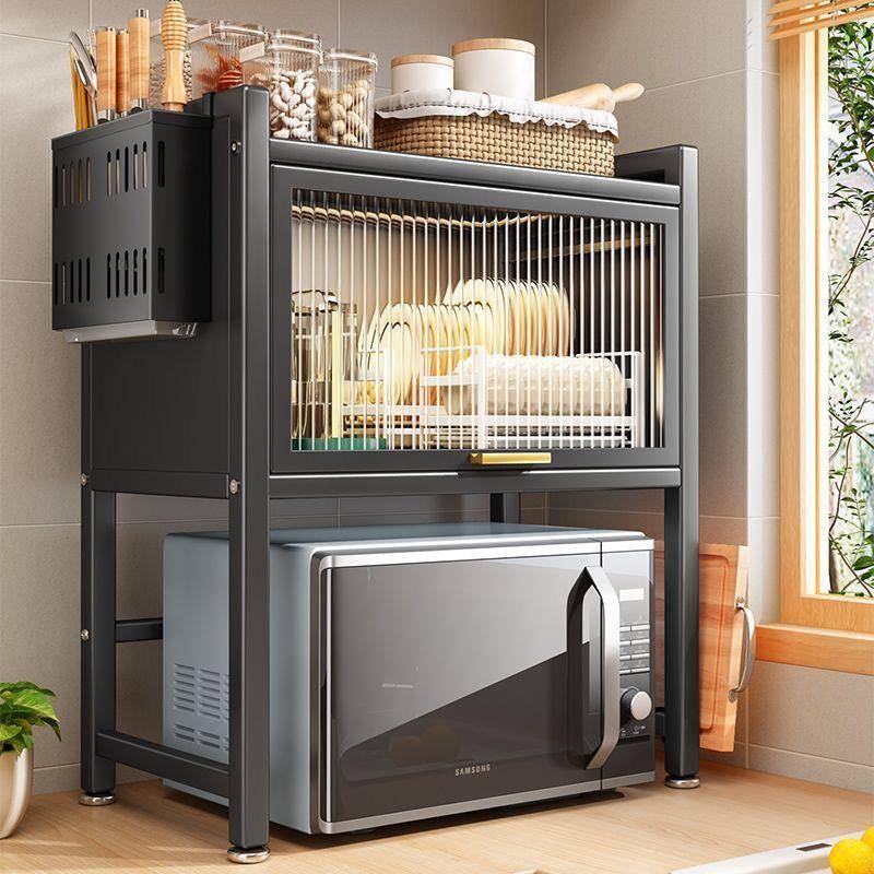 厨房微波炉置物架带门带柜门台面多功能调料碗碟架子防尘烤箱柜