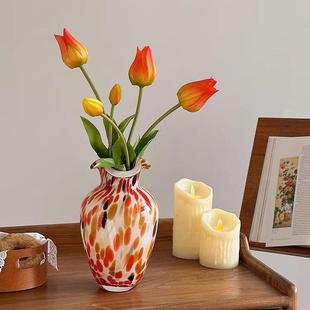 复古玻璃红色花瓶摆件艺术感琉璃郁金香花器客厅餐桌插花水养器皿