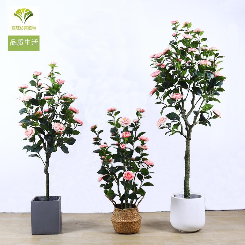 仿真茶玫花树摆件假山茶树盆栽植物室内客厅搭配盆景造景落地装饰