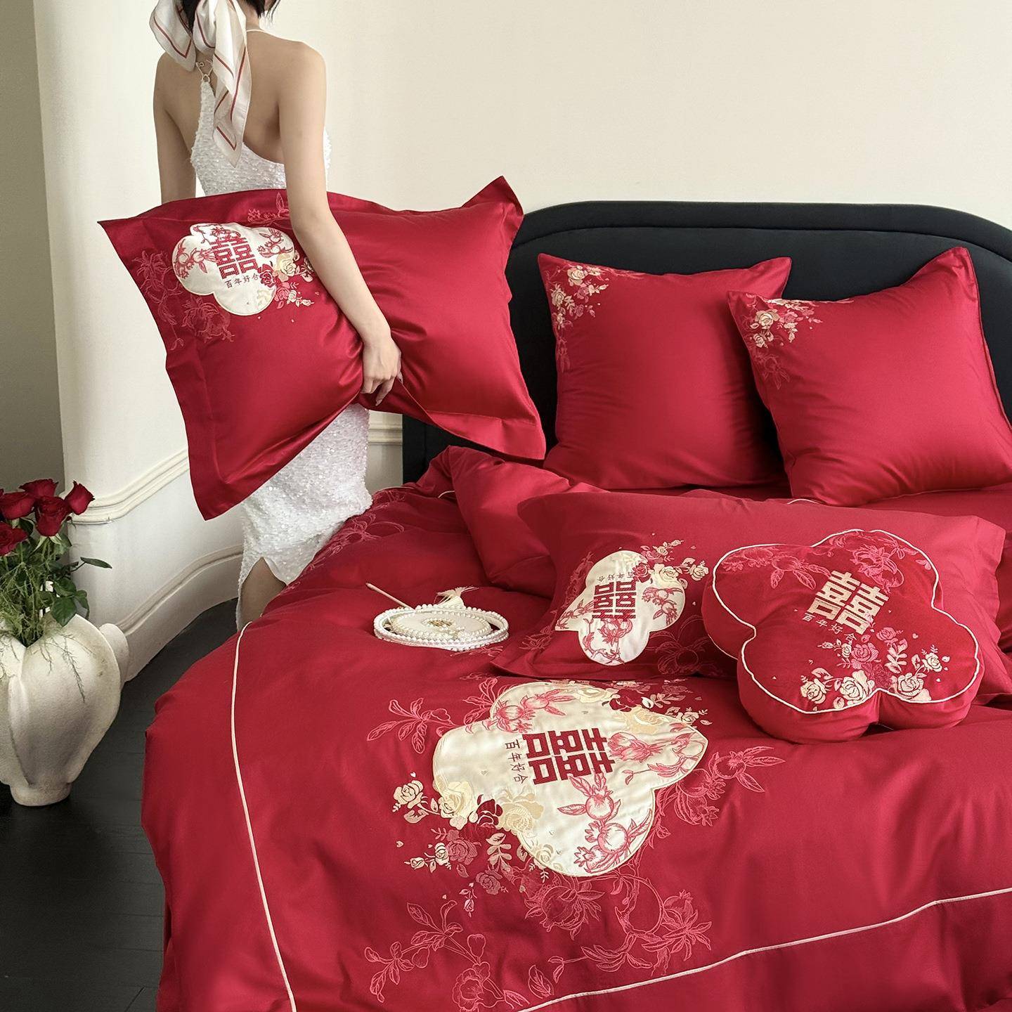 中式风大红喜被结婚四件套全棉纯棉100S婚庆高端刺绣婚嫁床上用品
