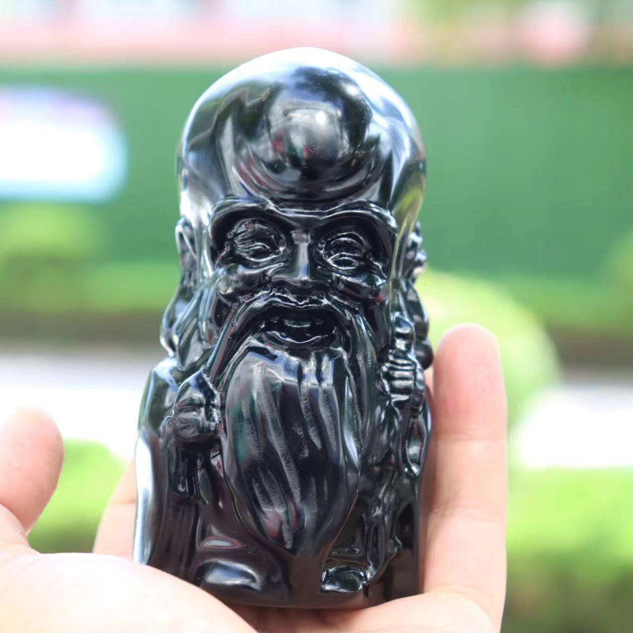 天然黑曜石福禄寿老寿星摆件原石雕刻桌面创意摆件天然原石打磨