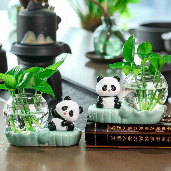 卡通可爱熊猫水培创意摆件客厅水养植物花瓶办公室工位桌面装饰品