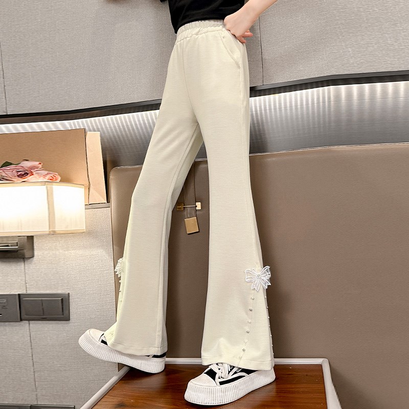 女童裤子夏季薄款2024新款儿童夏装女孩弹力冰丝女大童黑色喇叭裤