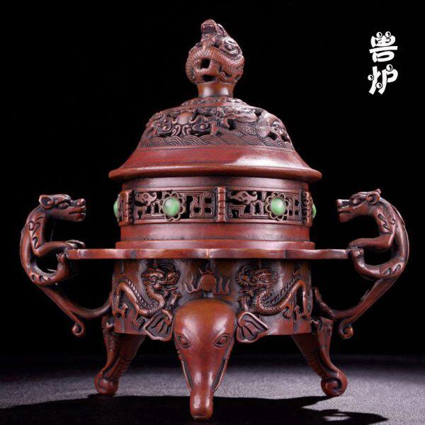 纯铜三足双耳大象熏香炉双龙戏珠香薰炉盘香炉檀香炉家居茶台摆件