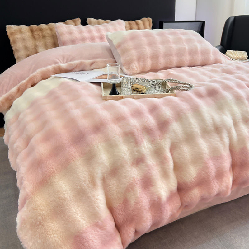 高级感彩色泡泡兔毛绒四件套冬天被套G珊瑚牛奶绒床单加厚床上用