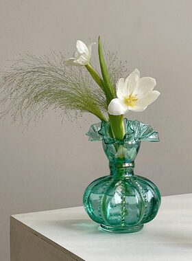 n芬顿气泡手工ne古to器花边中水养插花绿色摆件玻璃花瓶珠光f褶皱