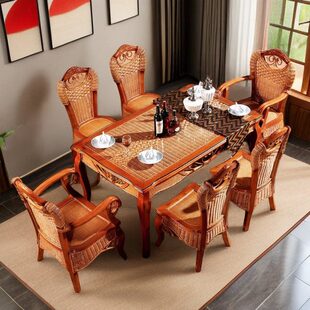 餐桌家具四客厅藤长东南亚椅餐桌椅组合餐桌椅一椅六藤编1.5米桌