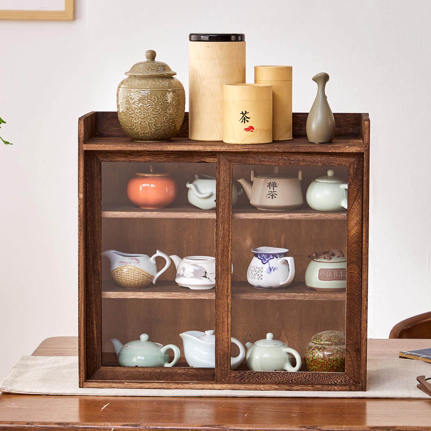 实木桌面展示收纳柜茶具护肤品博古架茶柜茶杯三层防尘移门置物架