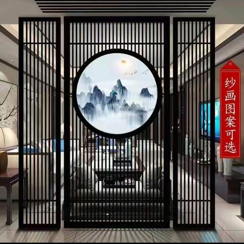 东阳木雕新中式屏风隔断实木花格镂空门窗格栅入户玄关背景墙定制