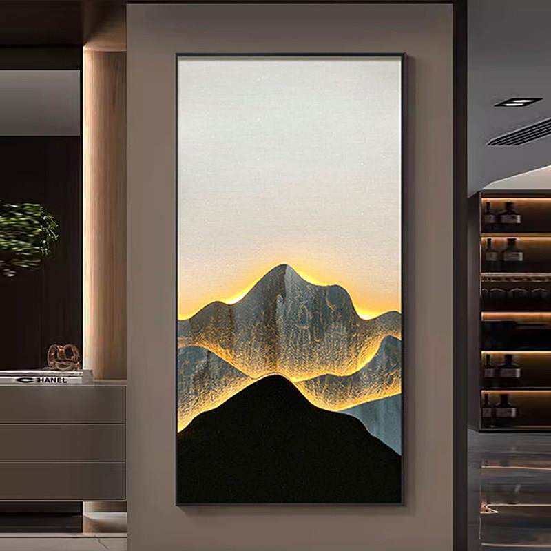 中式山水LED玄关装饰画轻奢高档立体岩板带灯挂画靠山招财入户画