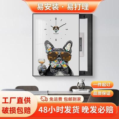 电表箱装饰画竖款时钟画卡通动物狗狗餐厅配电箱遮挡箱带钟表挂画