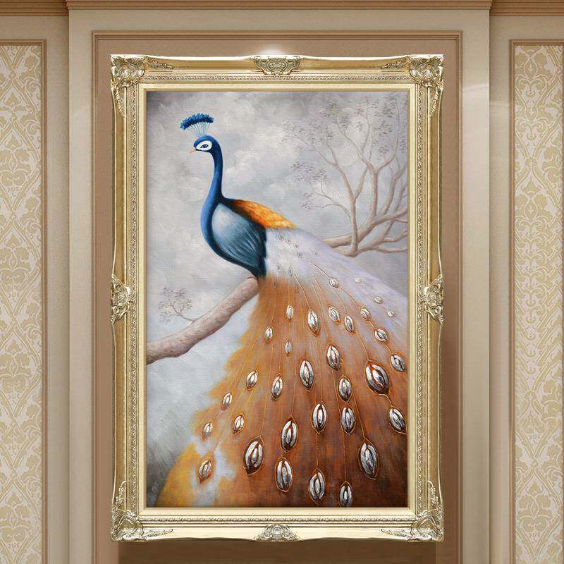 玄关装饰画走廊过道竖版壁画大气高档画欧式孔雀动物油画