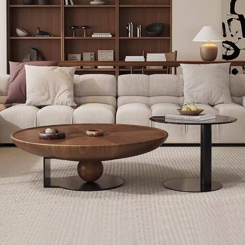 圆形胡桃木简约大小茶几轻奢组合现代家用小户型客厅设计师高级感
