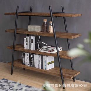 原木书架铁艺置物架落地靠墙简约实木客厅多层一字板收纳展示架子