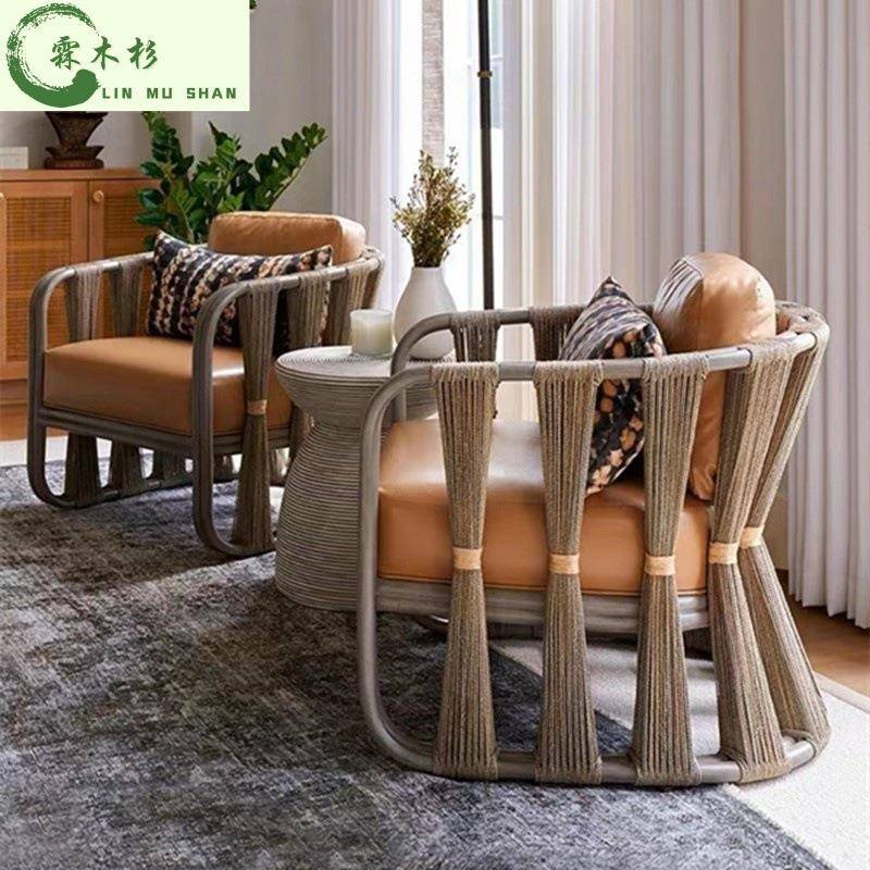 户外藤编沙发单人东南亚创意民宿阳台庭院花园别墅复古设计师家具