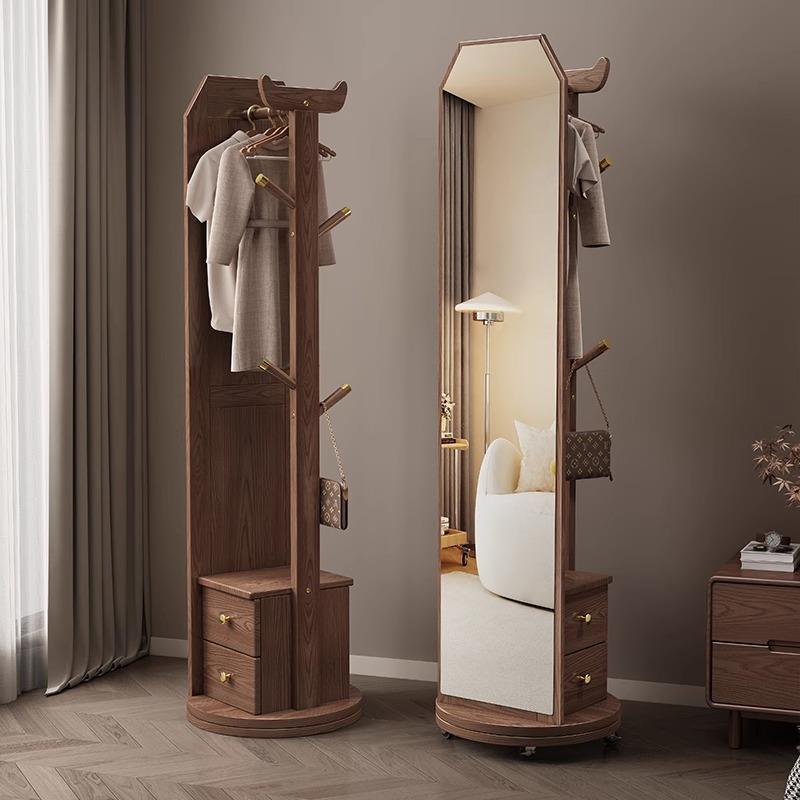 穿衣镜全身镜落地镜实木家用卧室可旋转移动带抽屉挂衣架试衣镜子