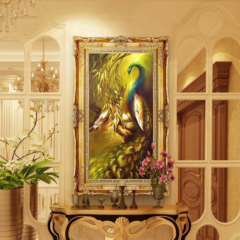 玄关装饰画欧式油画走廊竖版挂画过道玄幻画大气高档动物孔雀油画