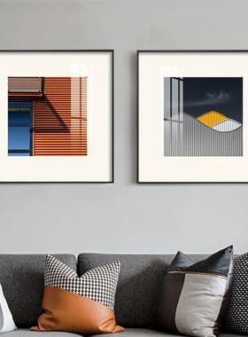 蓝色橙色装饰画轻奢风建筑摄影挂画设计师艺术卡纸壁画客厅墙画