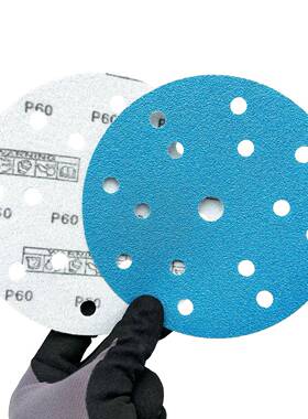 薄膜基材陶瓷蓝砂6寸15孔植绒砂纸背绒圆盘砂纸片FC66