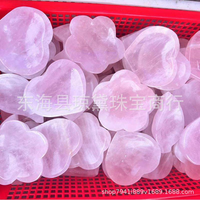 天然水晶粉晶雕刻爱心蝴蝶碗适于生活装饰消磁摆件