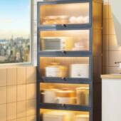 厨房置物架餐边储物柜落地多层收纳柜子多功能翻门碗柜微波炉锅架