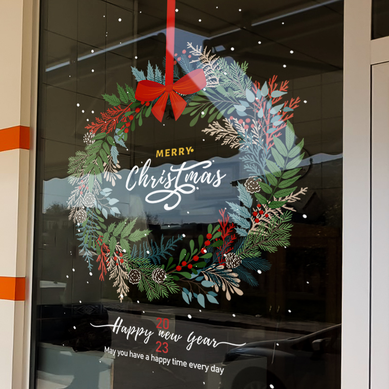 圣诞节装饰品场景布置节日氛围花环装扮窗贴橱窗静电贴玻璃门贴纸