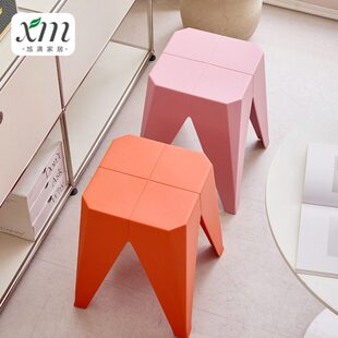 北欧方凳塑料凳子加厚家用高凳创意彩色可叠放凳子餐厅等位椅凳子