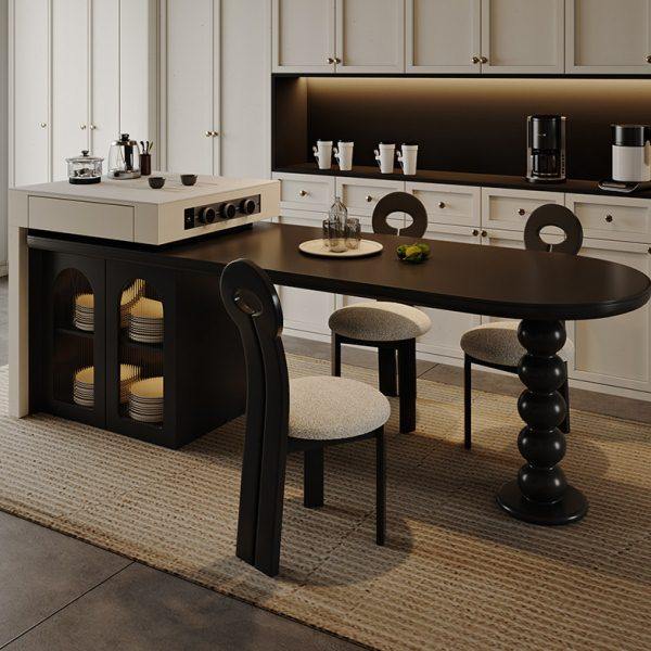 中古风可伸缩岛台餐岛一体圆弧纯黑岩板家用小户型岩板餐桌椅,住宅家具,岛台餐桌,淘宝优惠券,粉丝福利购,淘宝优惠卷