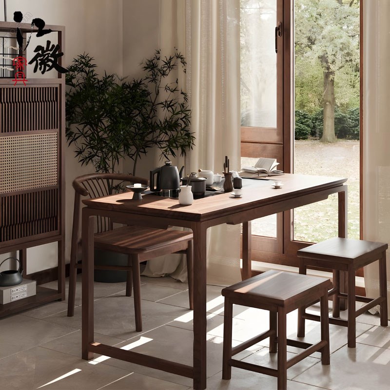 新中式小户型茶桌 m家用实木茶台书桌两用 宋式美学阳台茶桌椅组