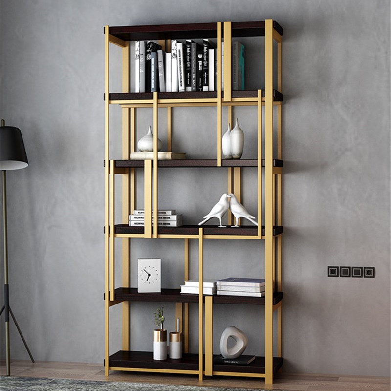 轻奢现代不锈钢落地书架展示柜金色置物架实木简S约装饰金属博古