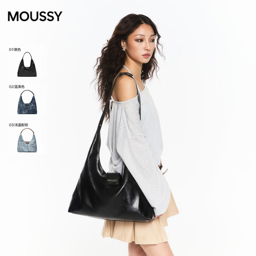 MOUSSY松弛感牛仔纹PUhobo包