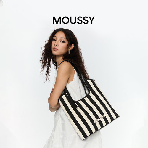 Moussy韩系ins宽条纹托特包