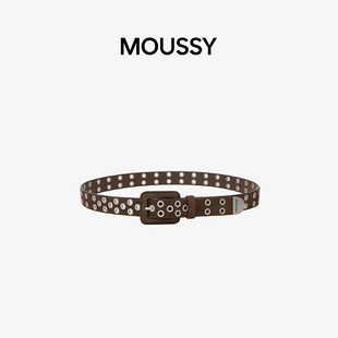 Moussy棕色绒皮气眼腰带女士新款 简约百搭设计感小众配饰棕色腰带