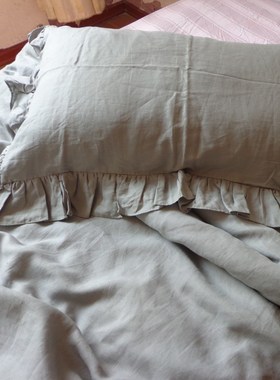 蓝色灰色绿色 亚麻被套  荷叶边纯亚麻床品  R可定做枕套床单床笠