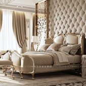 法式 别墅1.8实木雕刻小真皮卧室双人床奢华婚床软包